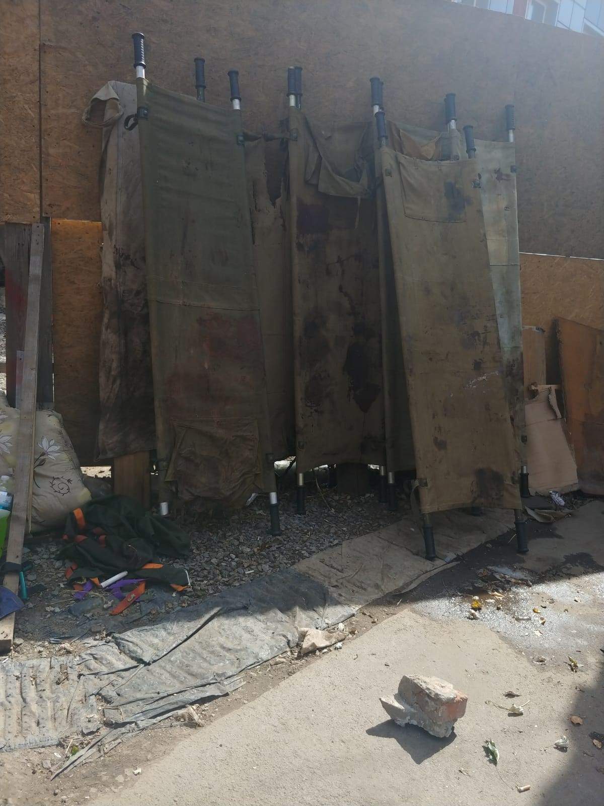 Blood-stained stretchers being used on the front lines in Ukraine.