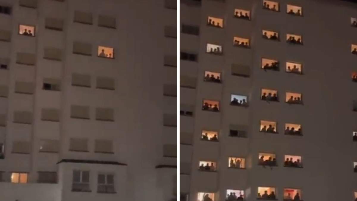 A split photo showing two stills from of the building from the video of students at an all-male college in Spain.