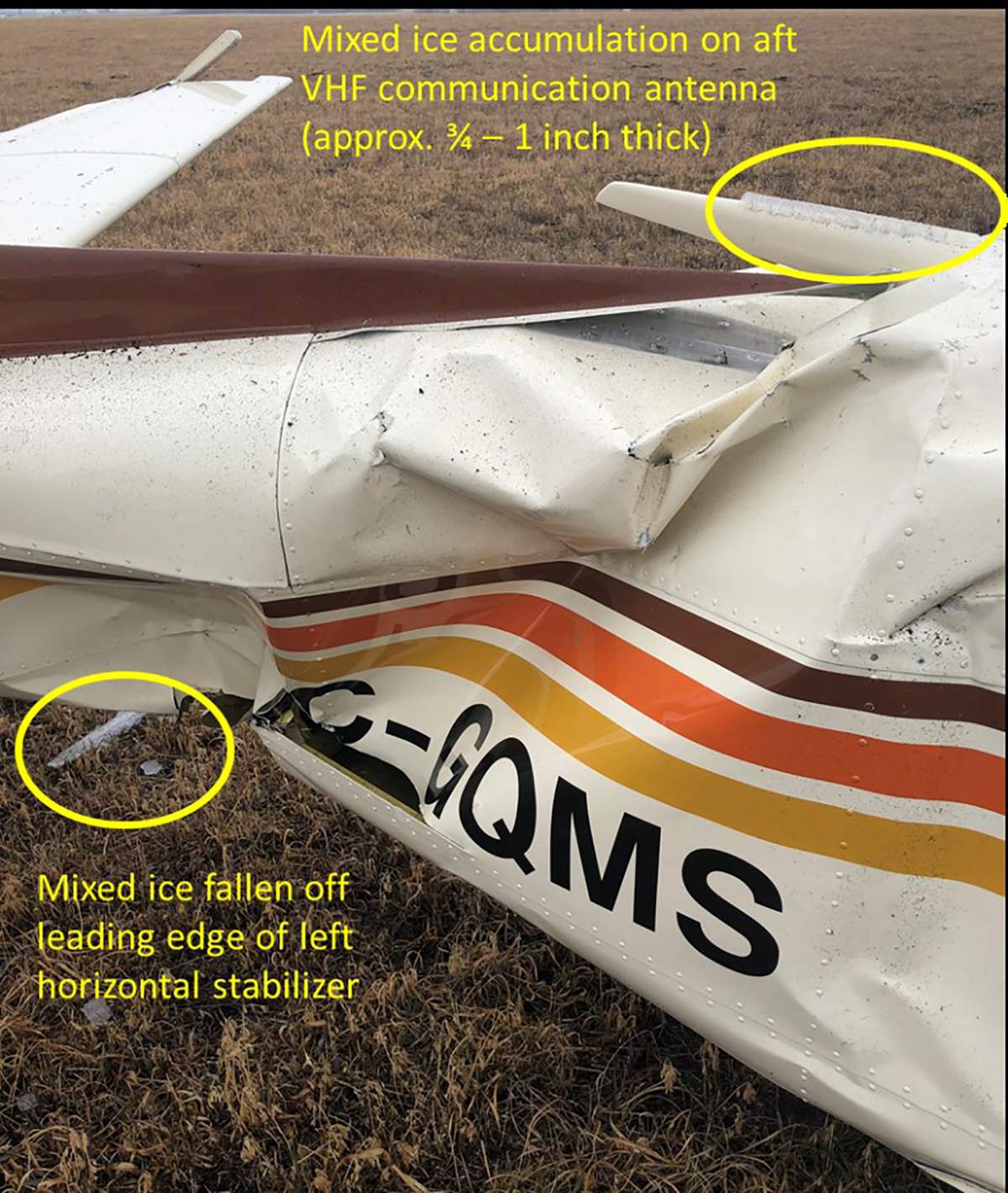 A photo from the Transportation Safety Board of evidence of icing on the plane that crashed near the Springbank Airport on April 22, 2022.
