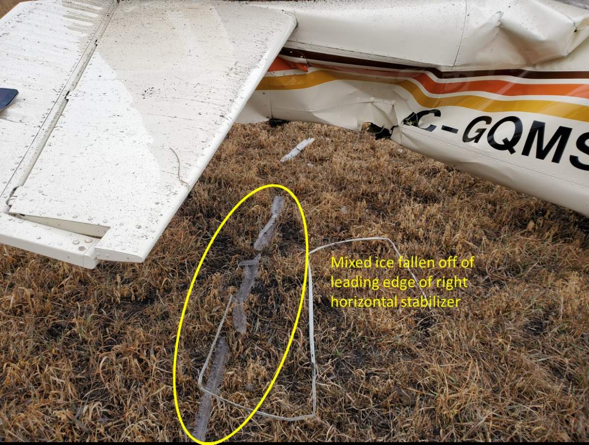 A photo from the Transportation Safety Board of evidence of icing on the plane that crashed near the Springbank Airport on April 22, 2022.