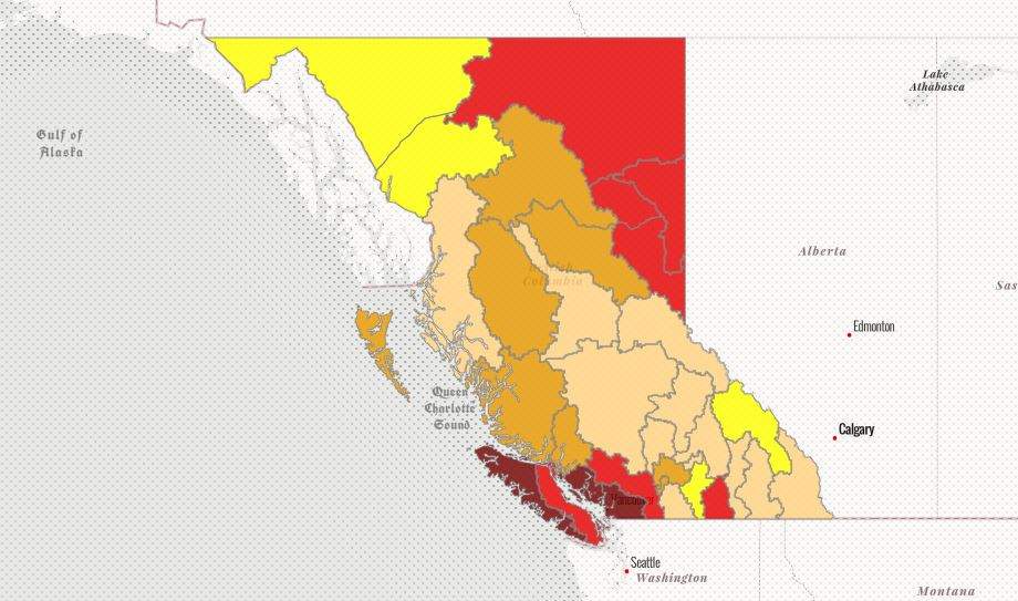 The province’s map of current drought conditions in B.C.