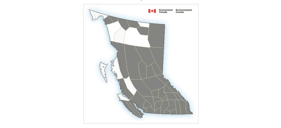 Environment Canada’s weather alert map for B.C. as of 2 p.m. Sunday, Oct. 9, 2022.