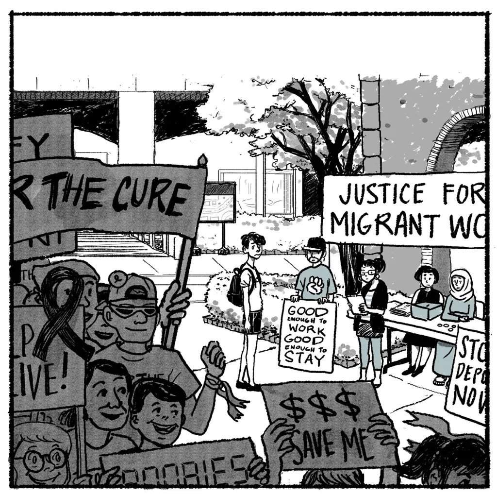 This excerpt from Kimiko Does Cancer shows a large march in support of a cancer cure while a stand about migrant justice goes largely ignored.