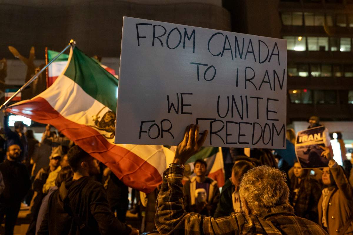 The Freedom Rally for Iran, in support of Mahsa Amini, continues into the evening at Mel Lastman Square in Toronto, Ontario on October 1, 2022.