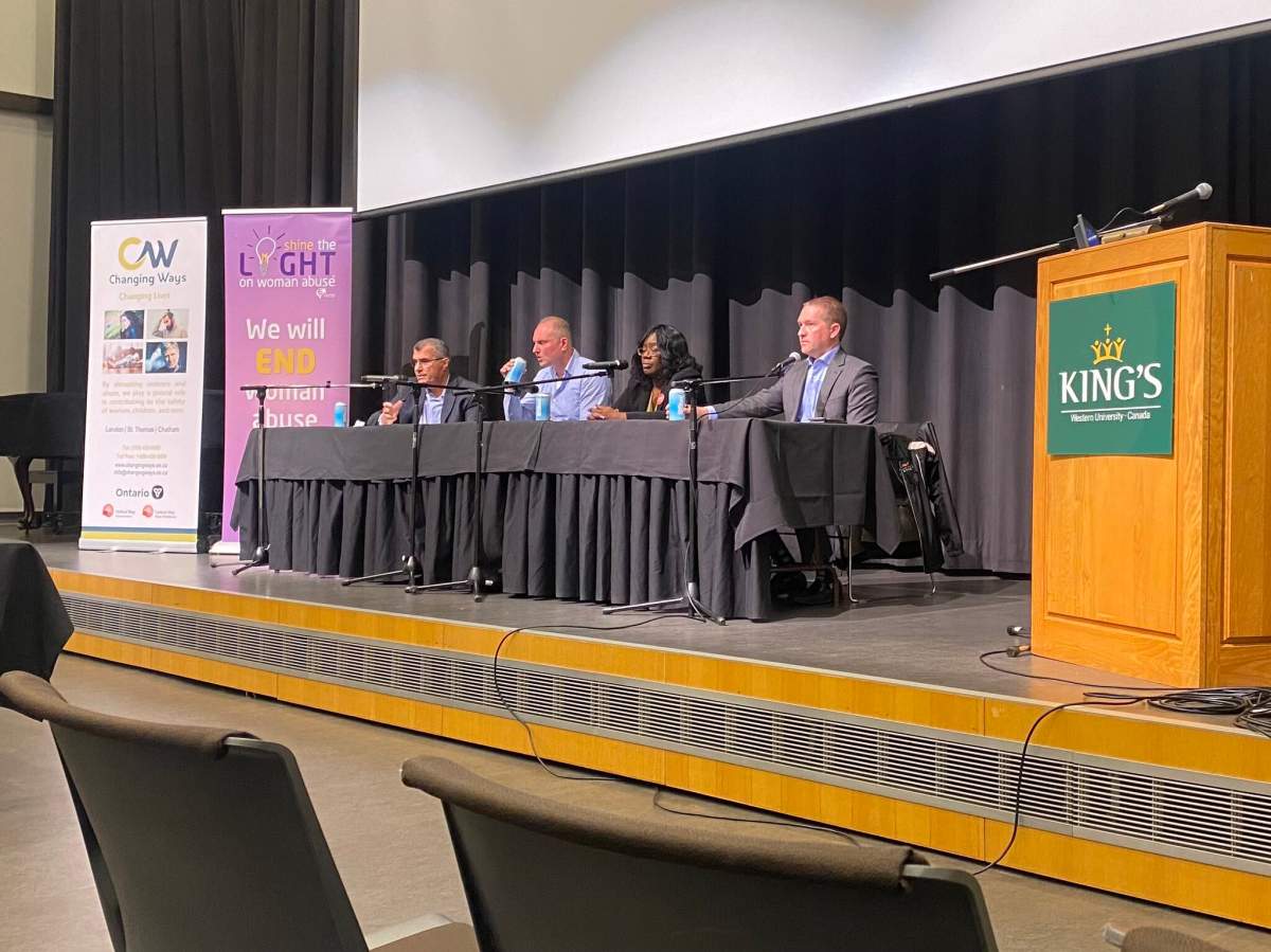 Right to left: Khalil Ramal, Sean O'Connell, Sandie Thomas, and Josh Morgan at the Oct. 24 mayoral debate.