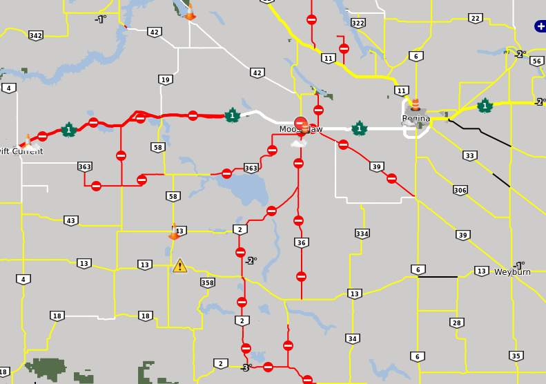 The red lines indicate road closures, yellow for winter conditions, white for travel not recommended.