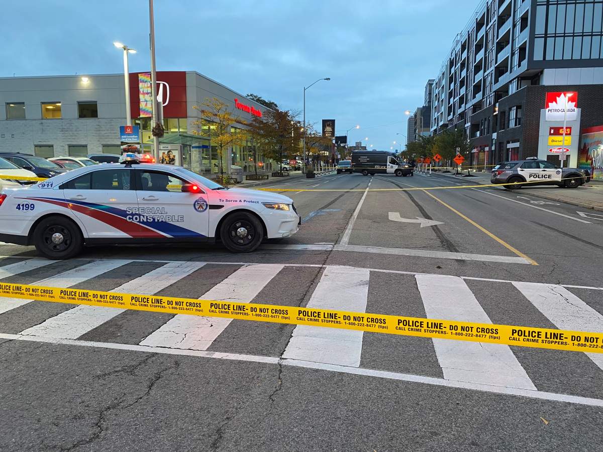 Police on scene after a stabbing at Danforth Avenue and Patricia Drive on Oct. 19, 2022.