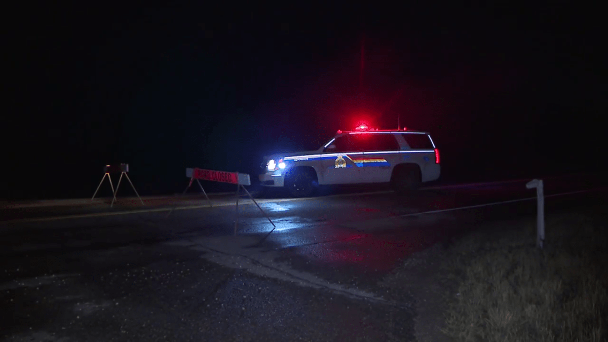 An RCMP vehicle on the side of the road following a shooting incident in Strathcona County Monday, Oct. 10, 2022.