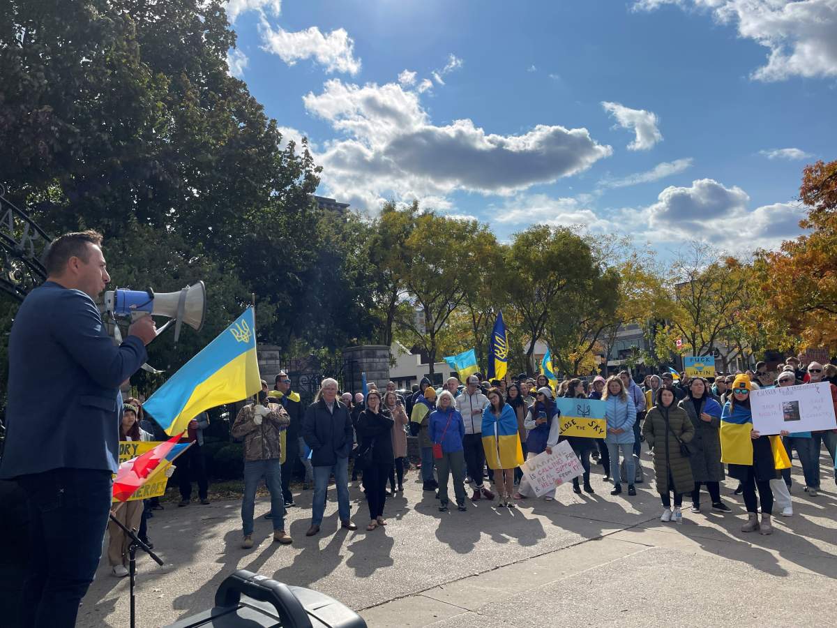 Volodymyr Vorobets, president of the London Ukrainian Centre, speaks to crowd of Ukrainians and supporters.