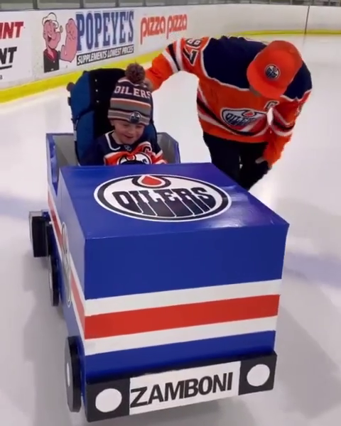 Easton Oetting, 5, on the ice in his custom Zamboni Halloween costume for 2022.