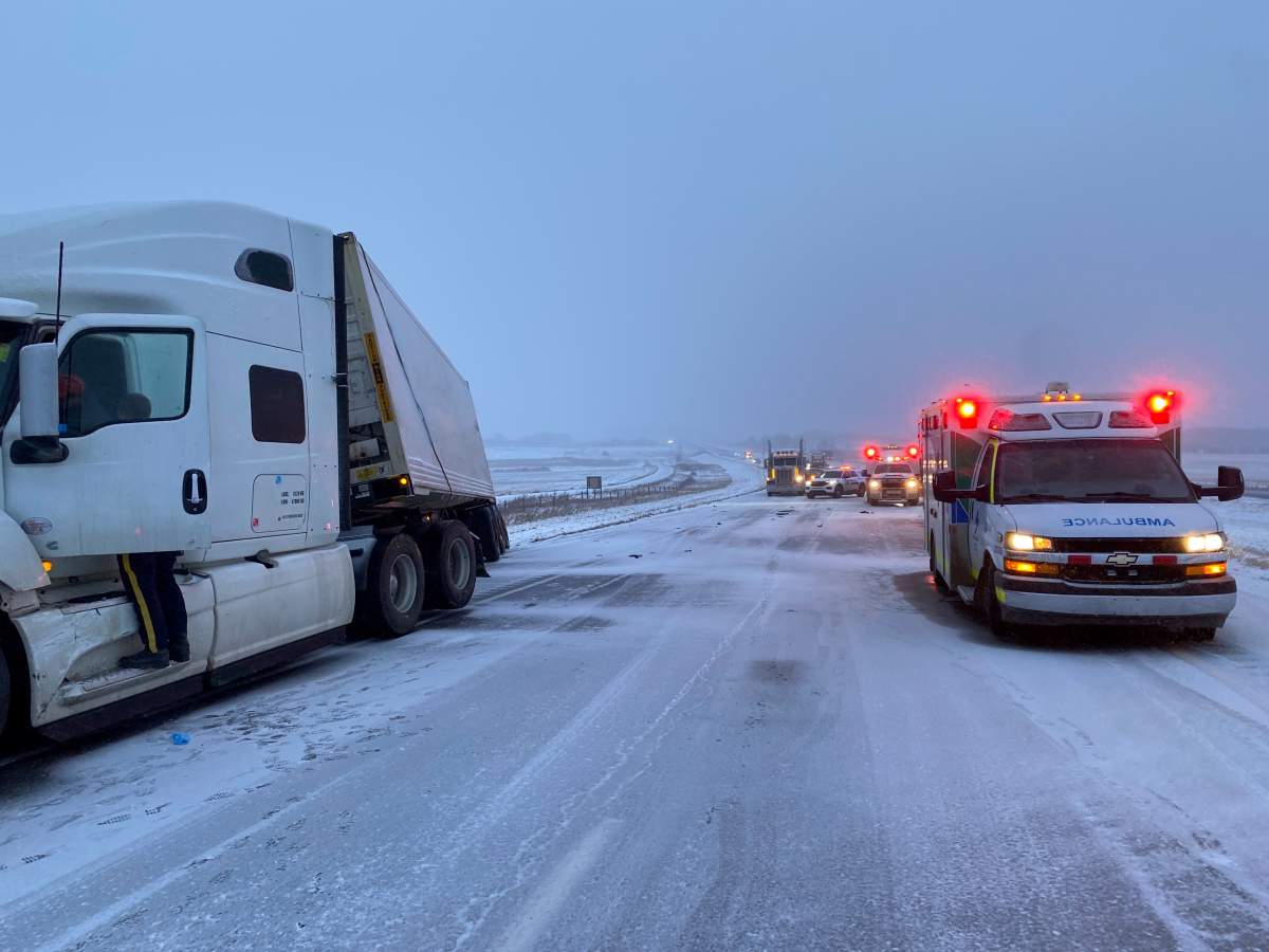 A collision on Highway 1 between Ridge Road and Hermitage Road (Range Road 50) west of Calgary, Alta. on Tuesday, Nov. 1, 2022.