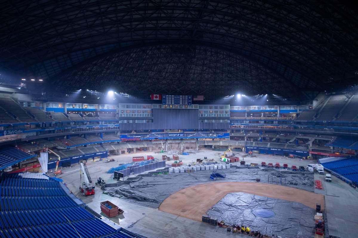 A wide view of work underway at the Rogers Centre.