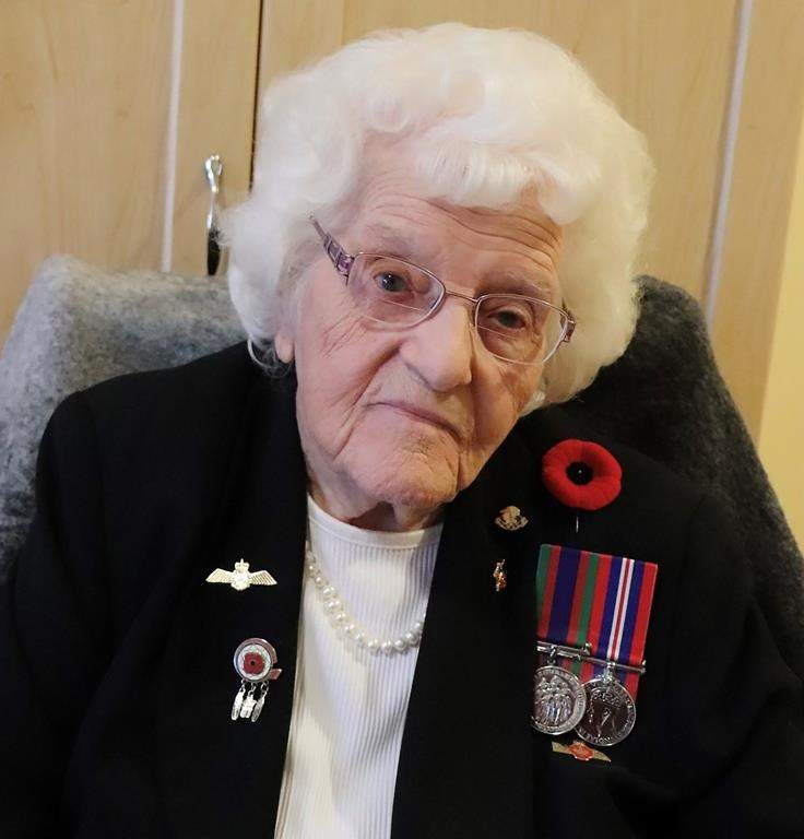 Second World War veteran Blanche Bennett, of Charlottetown, shown in this handout provided by her daughter Barb Spence, is among veterans of several wars who have taken part in an oral history research project being conducted by the Canadian War Museum documenting their experiences of life after war. Bennett turns 100 on Nov. 12. THE CANADIAN PRESS/HO-Barb Spence