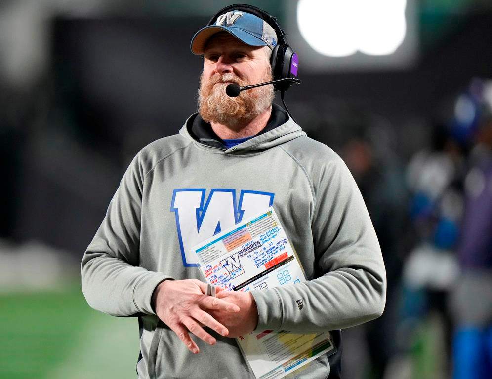 Winnipeg Blue Bombers head coach Mike O’Shea looks on during second-half football action against the Toronto Argonauts in the 109th Grey Cup at Mosaic Stadium in Regina, Sunday, Nov. 20, 2022.