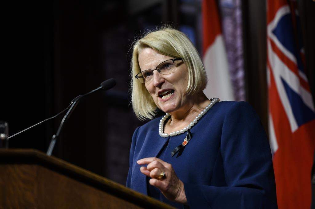 Ontario's Health Minister Sylvia Jones speaks with media at Queen’s Park in Toronto, on Wednesday, September 14, 2022. Jones says respiratory syncytial virus, or RSV, seems to be slowing in the province. THE CANADIAN PRESS/Christopher Katsarov.