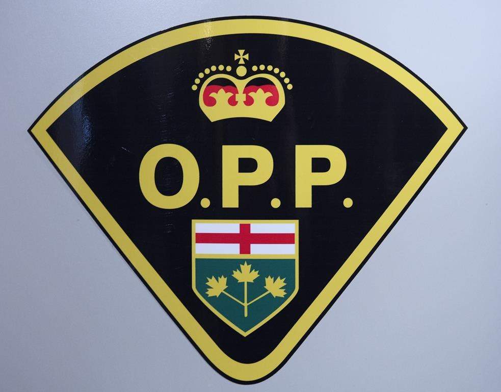 An Ontario Provincial Police logo is shown during a press conference in Barrie, Ont., on Wednesday, April 3, 2019.