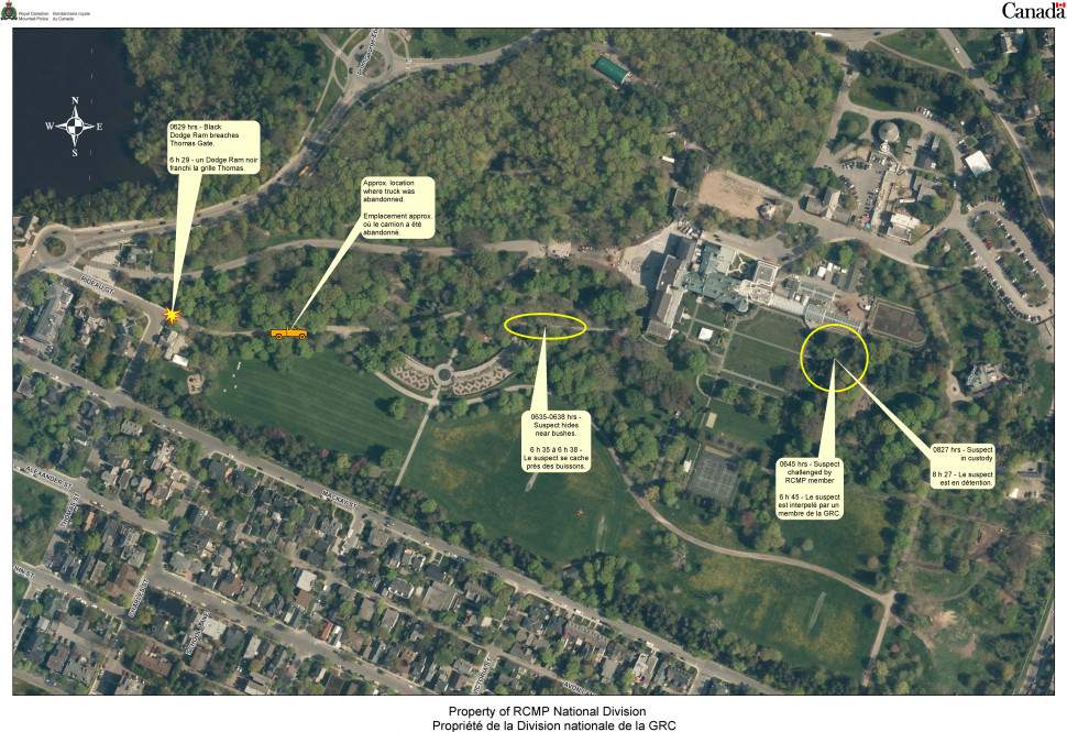 RCMP map showing stages of Corey Hurren’s armed attack at Rideau Hall on July 2, 2020.
