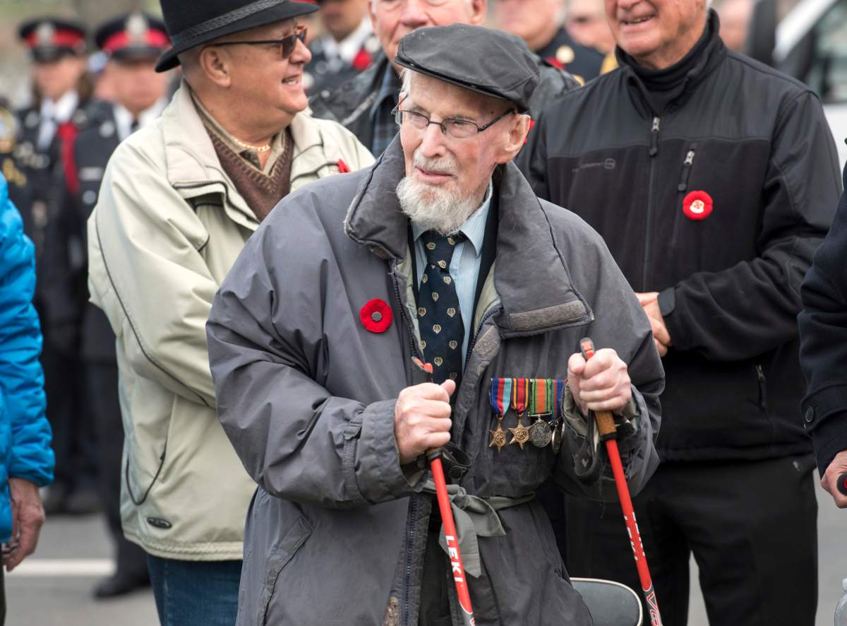 100-year-old WWII veteran Angus Hamilton after the Provincial Remembrance Day ceremony in Fredericton, Friday, Nov. 11, 2022.