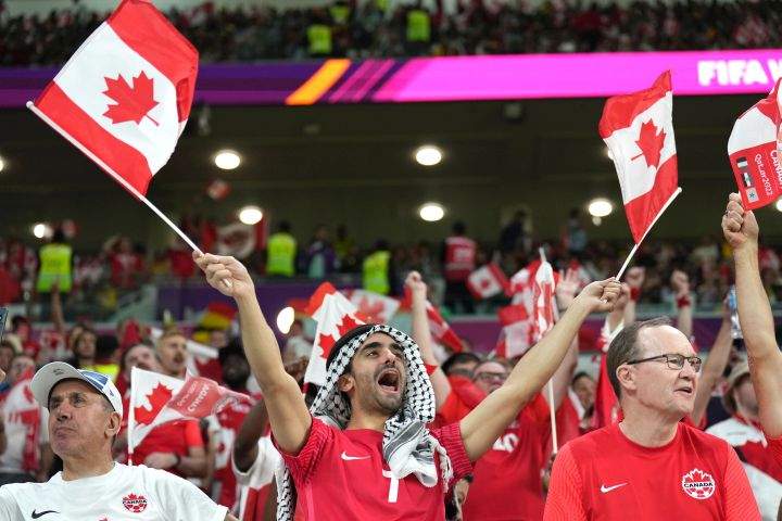 Canada fans cheer ahead of Group F World Cup soccer action between Canada and Belgium at Ahmad bin Ali Stadium in Al Rayyan, Qatar, on Wednesday, Nov. 23, 2022.