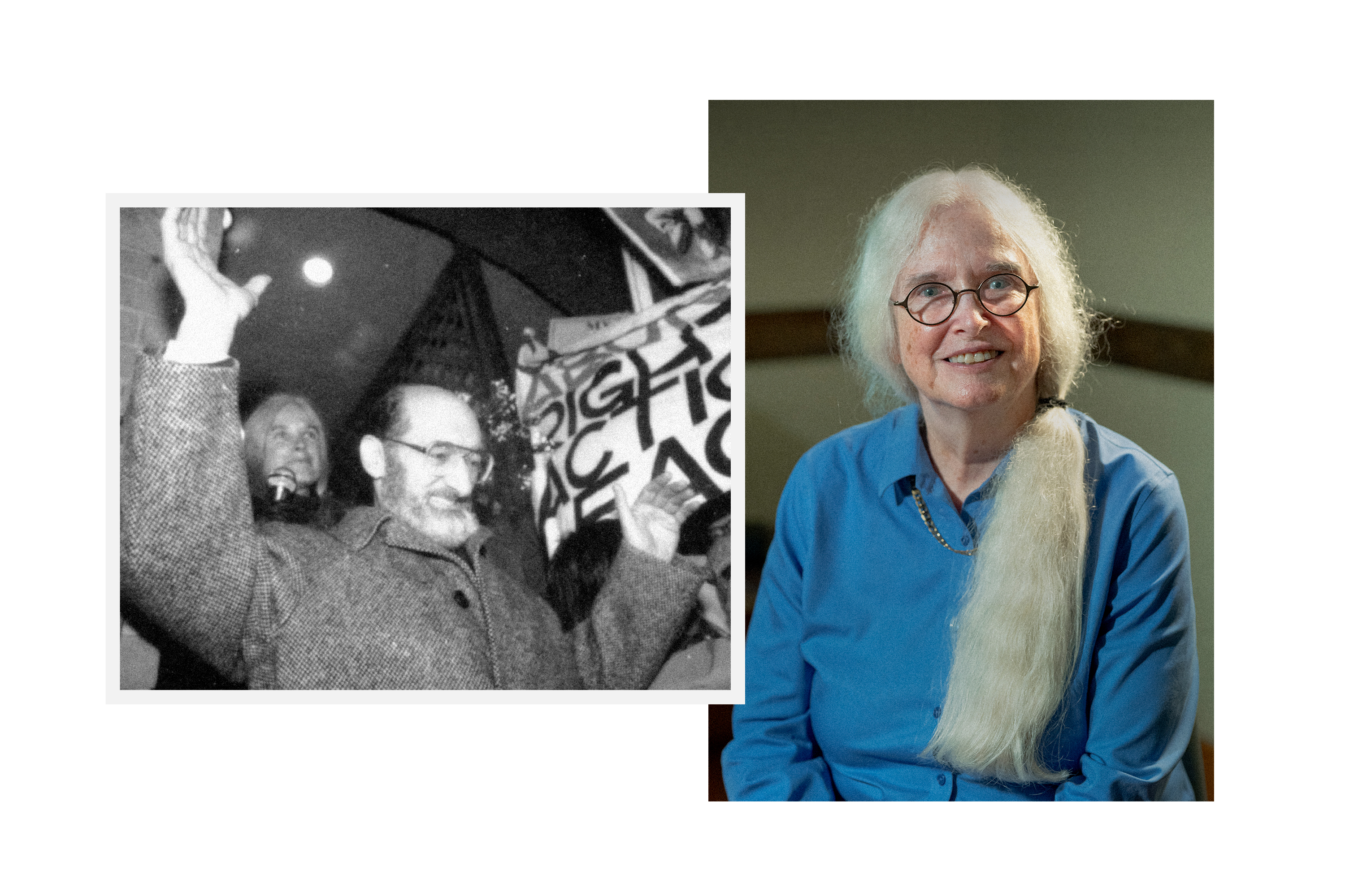 A collage of two photos. The photo on the left is of Carolyn Egan introducing Dr. Henry Morgentaler to a crowd of supporters in Toronto on January 28, 1988, the night the Supreme Court decriminalized abortion. The photo on the right is of Egan shortly after her interview with Global News in 2022