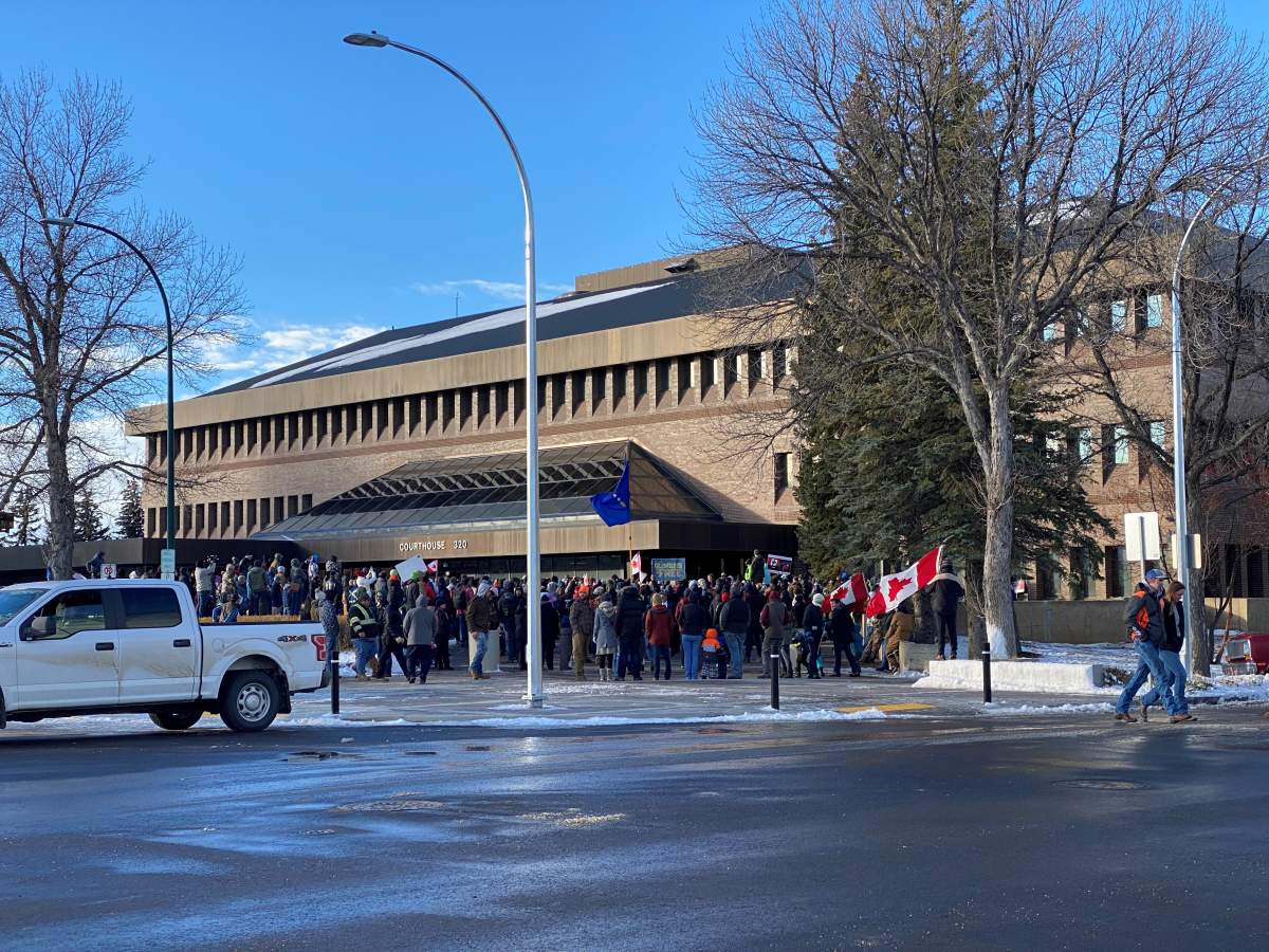 Protesters outside the Lethbrdige courthouse, Friday Nov. 4, 2022.