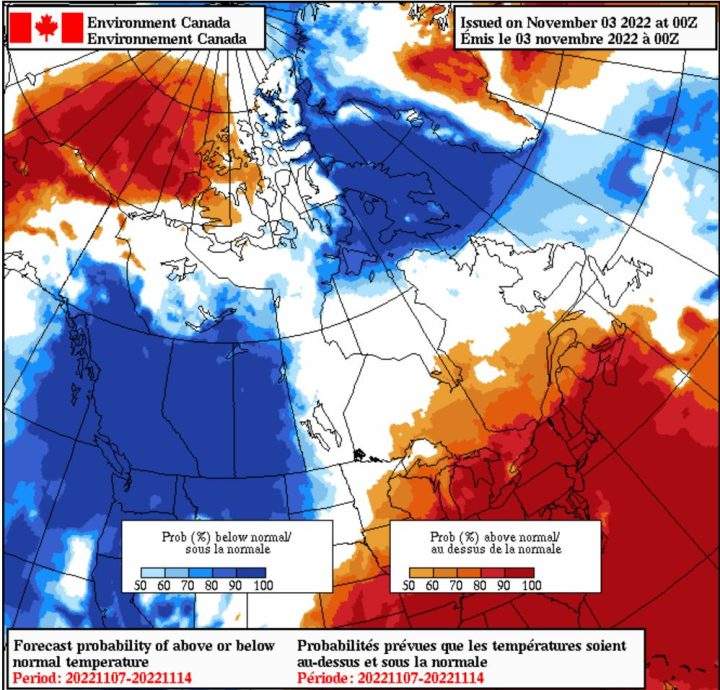 Forecast probability of above or below normal temperatures Nov 7 to 14