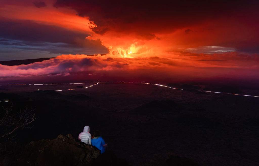 The Big Island's Mauna Loa Volcano erupts on November 28, 2022 on the Island of Hawaii.