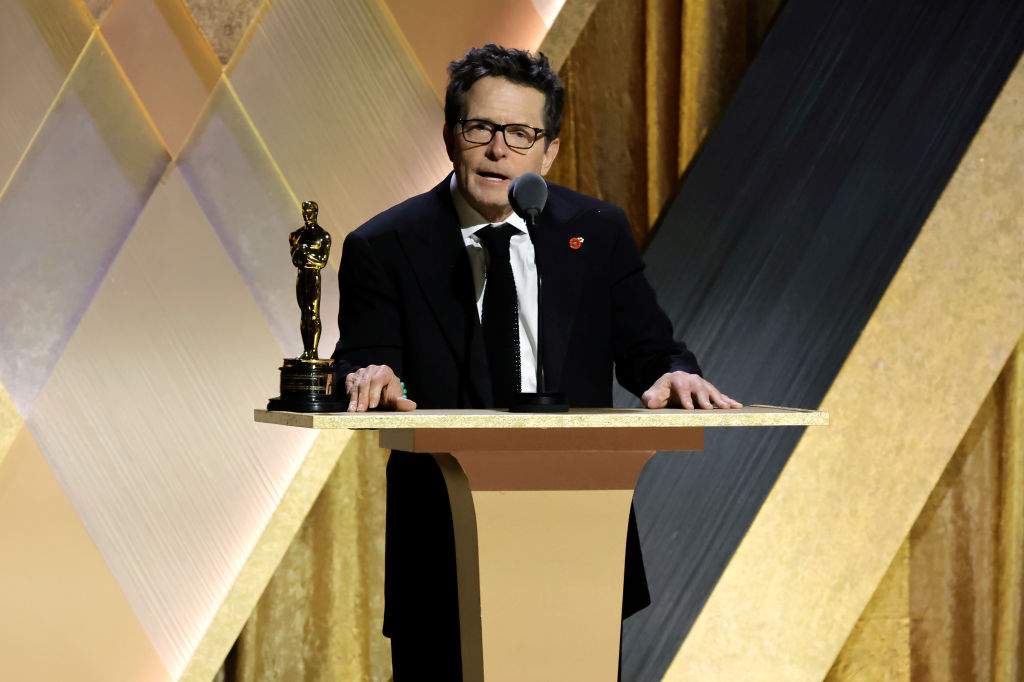 Michael J. Fox accepts the Jean Hersholt Humanitarian Award during the Academy of Motion Picture Arts and Sciences 13th Governors Awards at Fairmont Century Plaza on November 19, 2022 in Los Angeles, California.