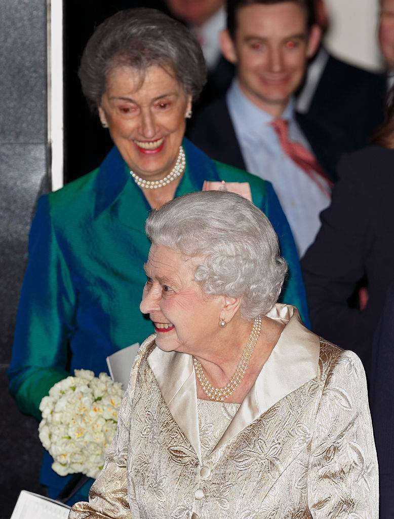 Queen Elizabeth II accompanied by her Lady-in-Waiting Lady Susan Hussey departs after attending the Gold Service Scholarship awards ceremony at Claridge's on February 16, 2016 in London, England.