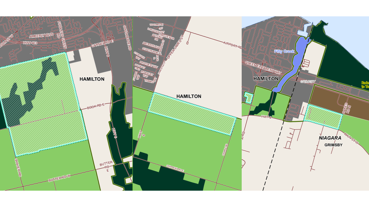 A map of three areas in and around Hamilton set to be removed from Ontario’s “Greenbelt” by the provincial PC’s.