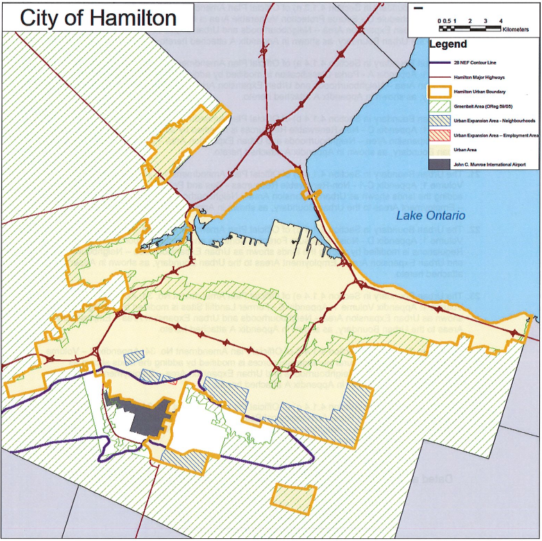 A map of Hamilton from an appendix in a Province of Ontario decision estimating what areas of the city (outlined by a purple line) will be affected by an urban growth plan.