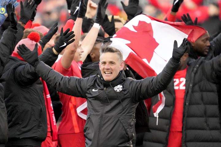 Canada head coach John Herdman celebrates the team’s win following second half CONCACAF World Cup soccer qualifying action against Jamaica, in Toronto on Sunday, March 27, 2022.