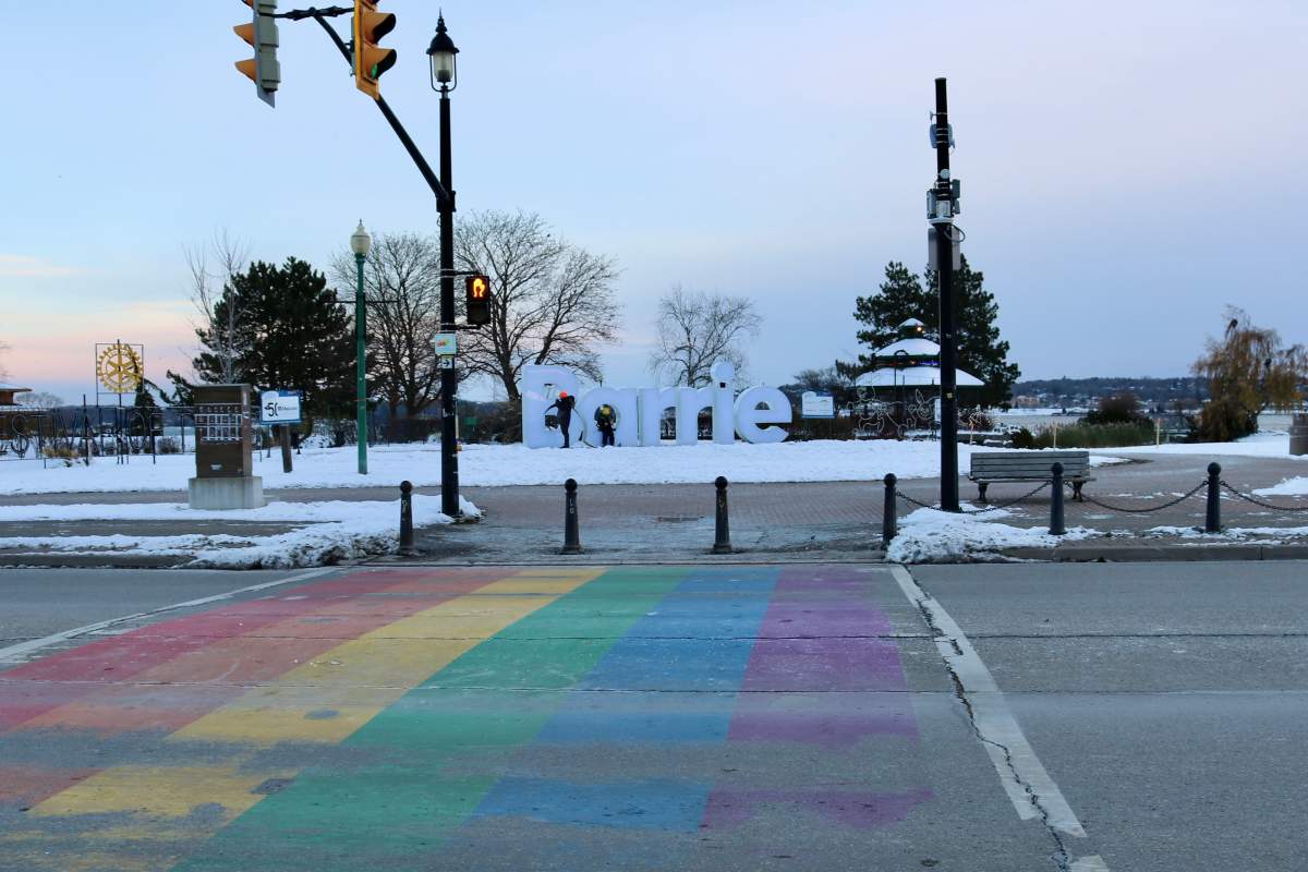 Downtown Barrie Ont., rainbow crosswalk in winter. Nov., 19, 2022.