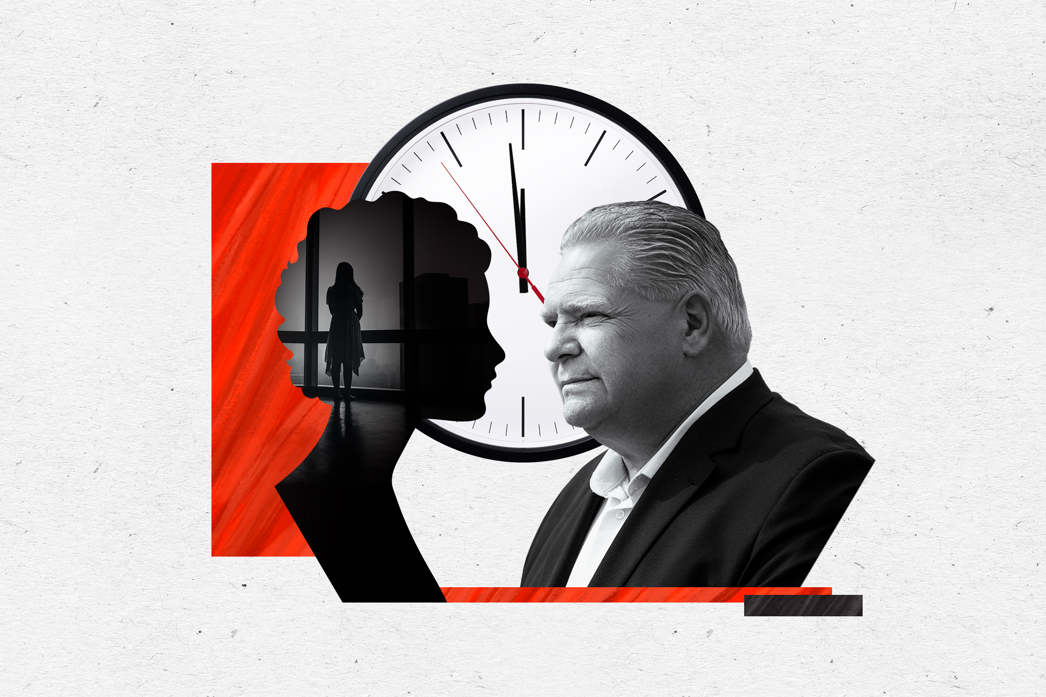 This photo illustration shows a silhouette of a person facing Ontario Premier Doug Ford with a clock behind both of them. 