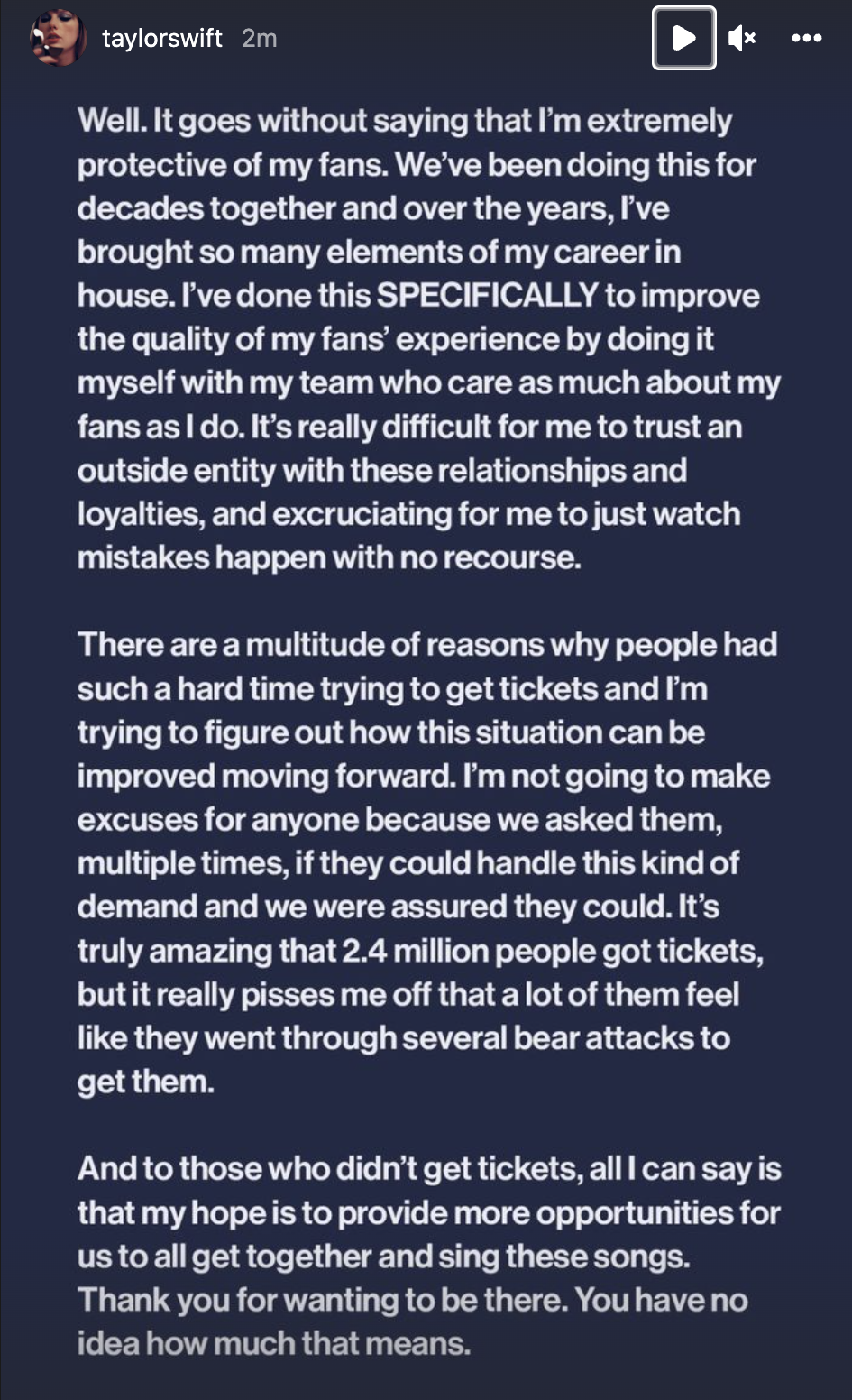A screenshot of Taylor Swift's Instagram story; white text on a blue background.