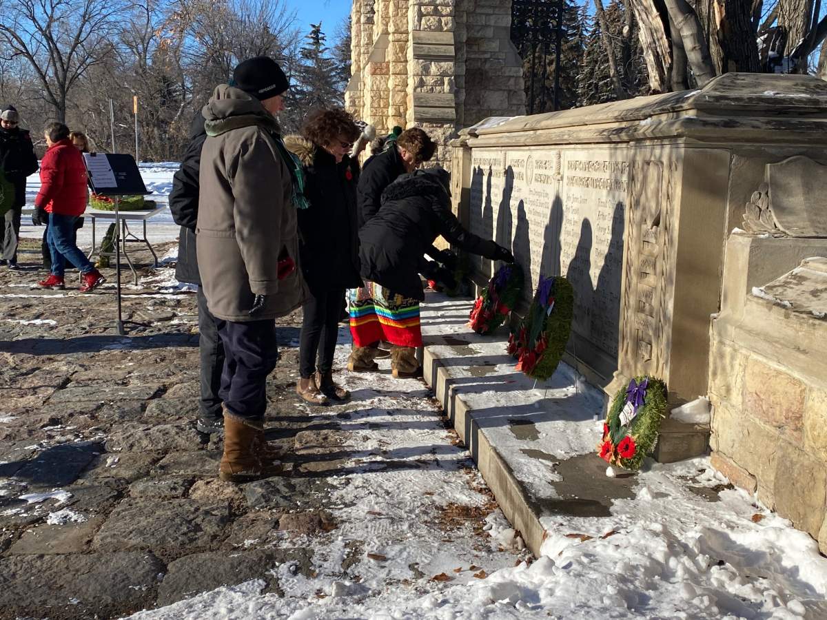 Wreaths laid at Memorial Gates in honour of Remembrance Day at the University of Saskatchewan.