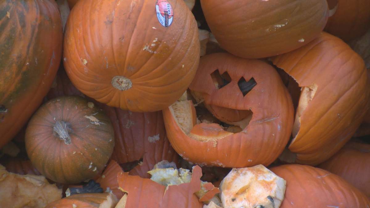 People gathered at the top of the Polo Park parkade to toss their gourds into dump trucks waiting below on Saturday.
