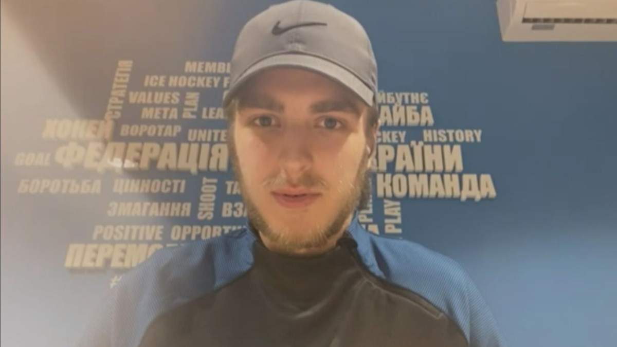 Ukrainian goalie Savva Serdiuk speaks to reporters from Kyiv on Nov. 24, 2022.