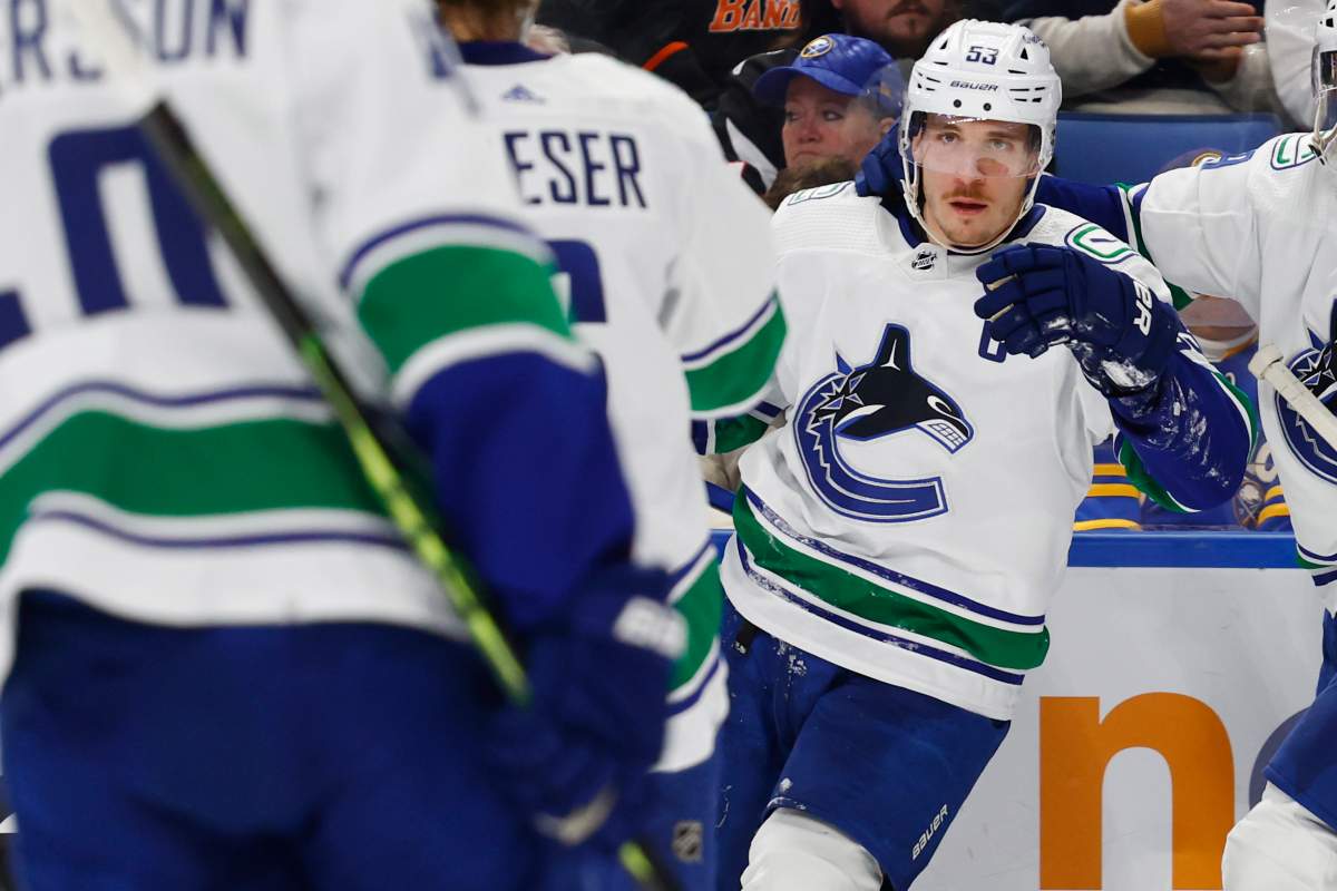 Vancouver Canucks centre Bo Horvat, right, celebrates his goal during second-period NHL action against the Buffalo Sabres, Tuesday, Nov. 15, 2022, in Buffalo, N.Y. 