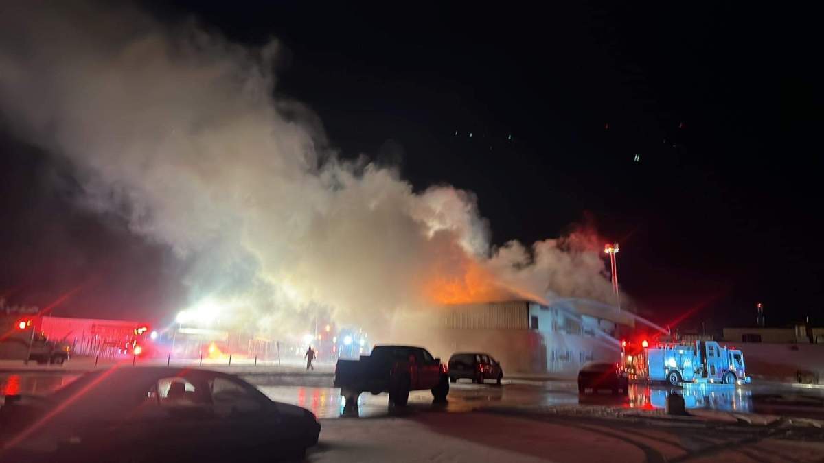 Fire crews battle a blaze at the Morinville Plaza Hotel and Suites Sunday, Nov. 6, 2022.