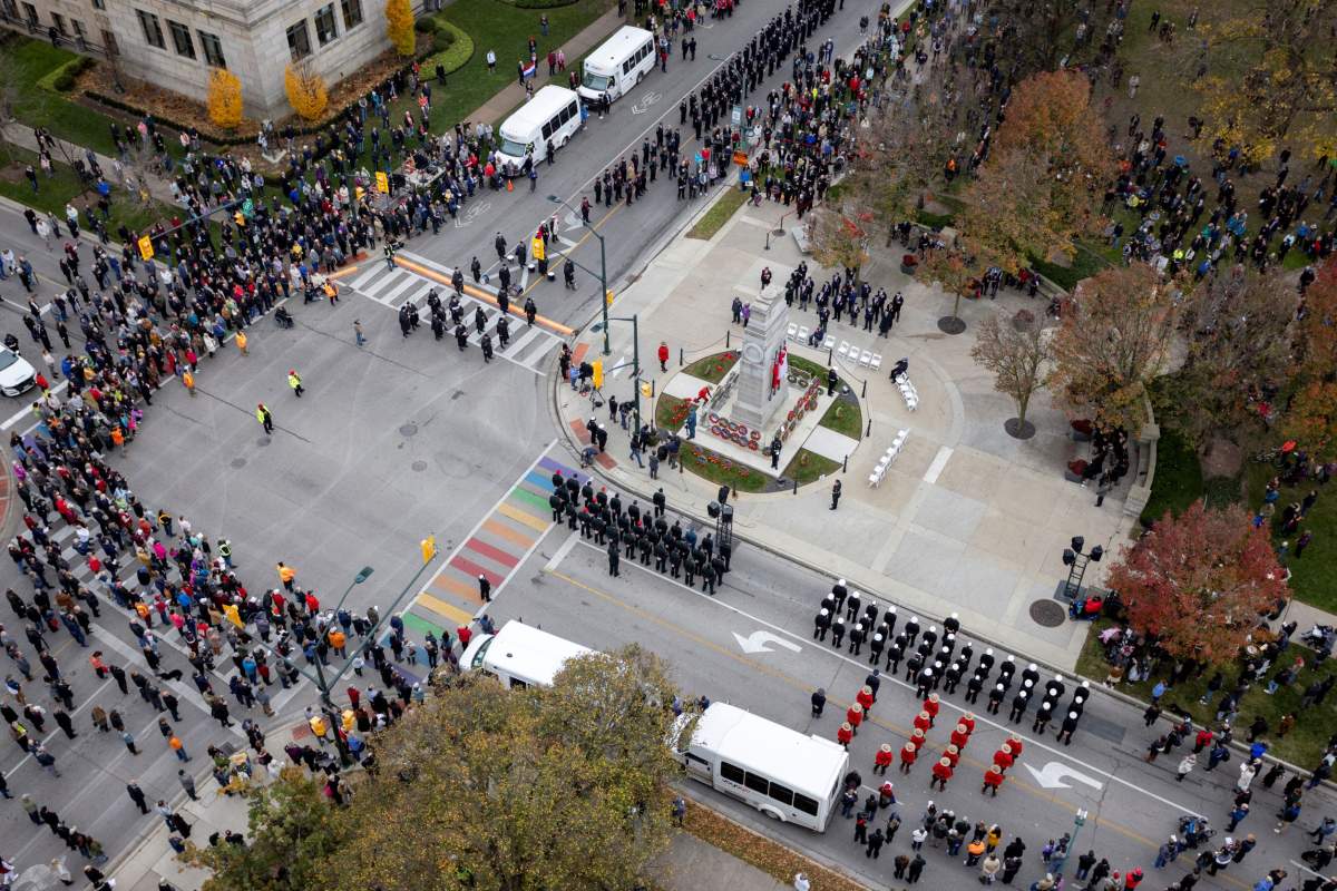 A photo taken from the top of City Hall that displays the crowd gathered during Friday's Remembrance Day ceremony.