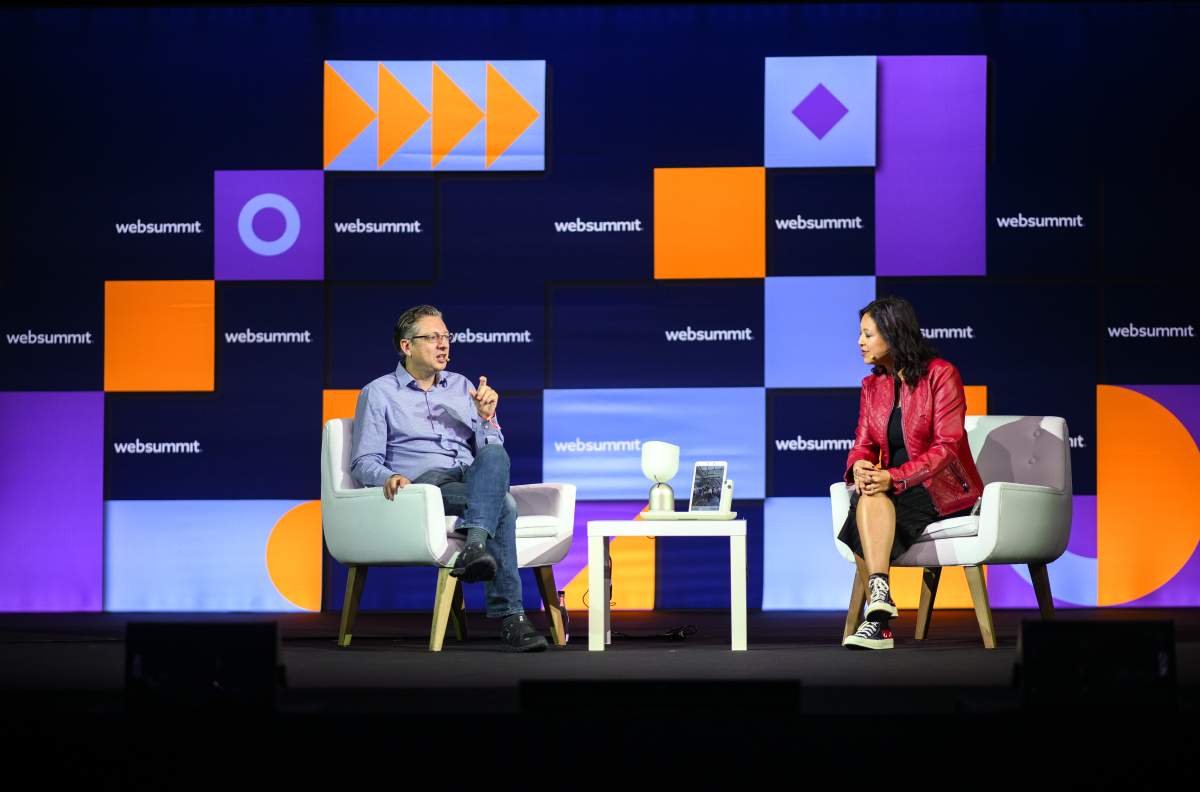 Global News' Anne Gaviola and Intuition Robotics CEO Dor Skuler on stage
