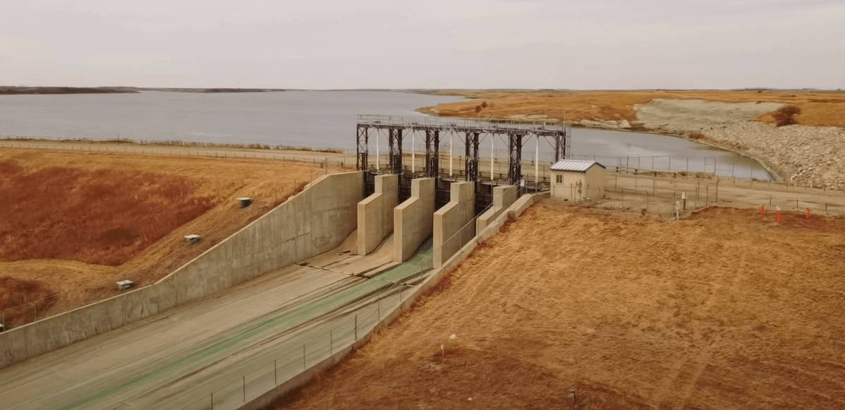 Aerial view of the Rafferty Dam near Estevan, Saskatchewan.