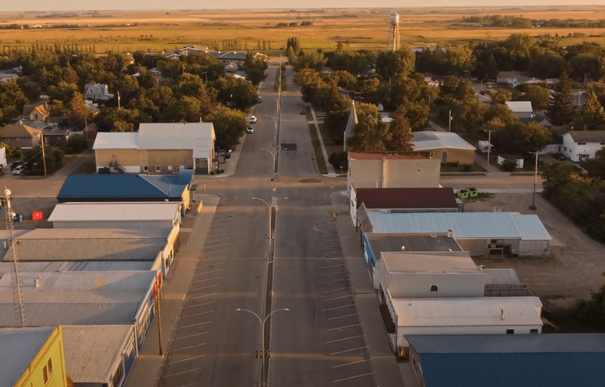 Drone footage capturing a street scene in Carnduff, Saskatchewan.