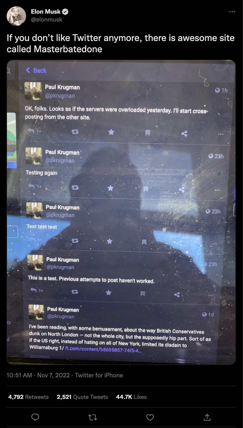 Screenshot of Elon Musk's tweet that Twitter users could join "Masterbatedone" before he deleted it about an hour later.