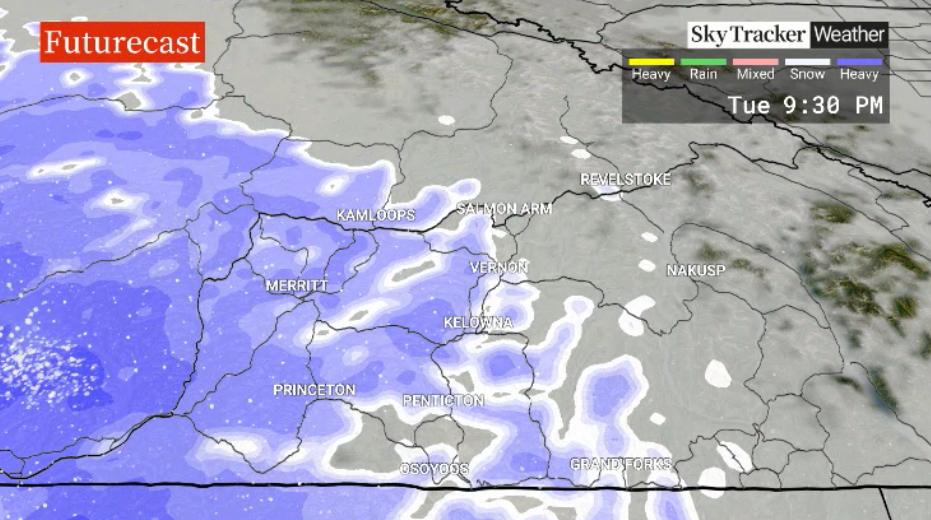 Snow rolls back into the Okanagan Tuesday night into Wednesday morning.