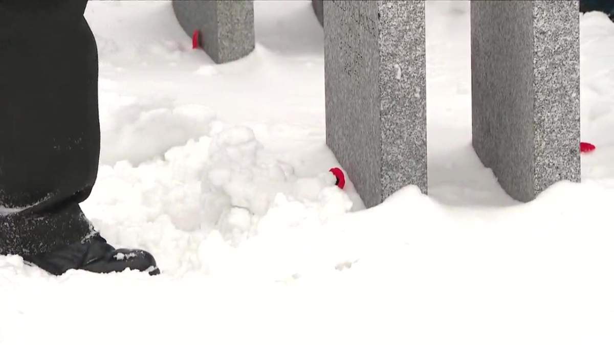 A poppy placed at the headstone of a soldier buried at Beechmount Cemetery during the No Stone Left Alone remembrance ceremony in Edmonton, Alta. on Monday, Nov. 7, 2022.