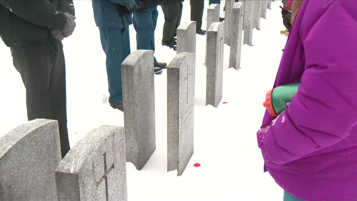 Poppies being placed at a No Stone Left Alone remembrance ceremony at Beechmount Cemetery in Edmonton, Alta. on Monday, Nov. 7, 2022.