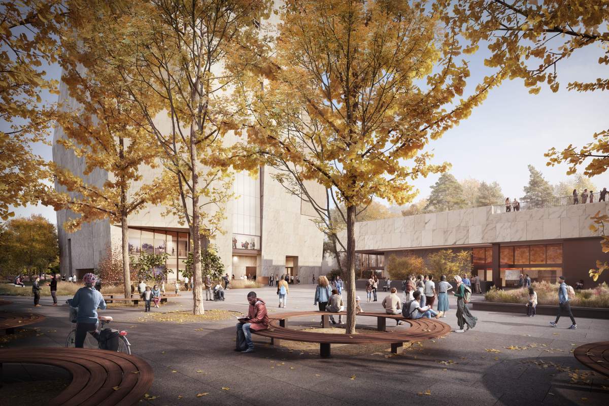 A rendered image showing the public plaza planned for the Obama Presidential Center.