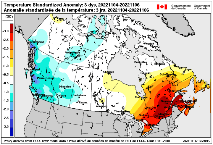 Temperature Anomaly Nov 4 to Nov 6 2022